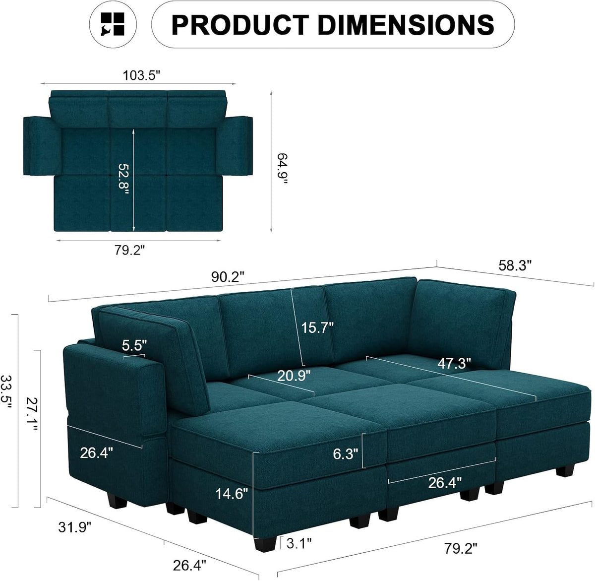 Belffin Terry Fabric Modular Sectional Sleeper Sofa Bed with Storage Convertible Sectional Couches