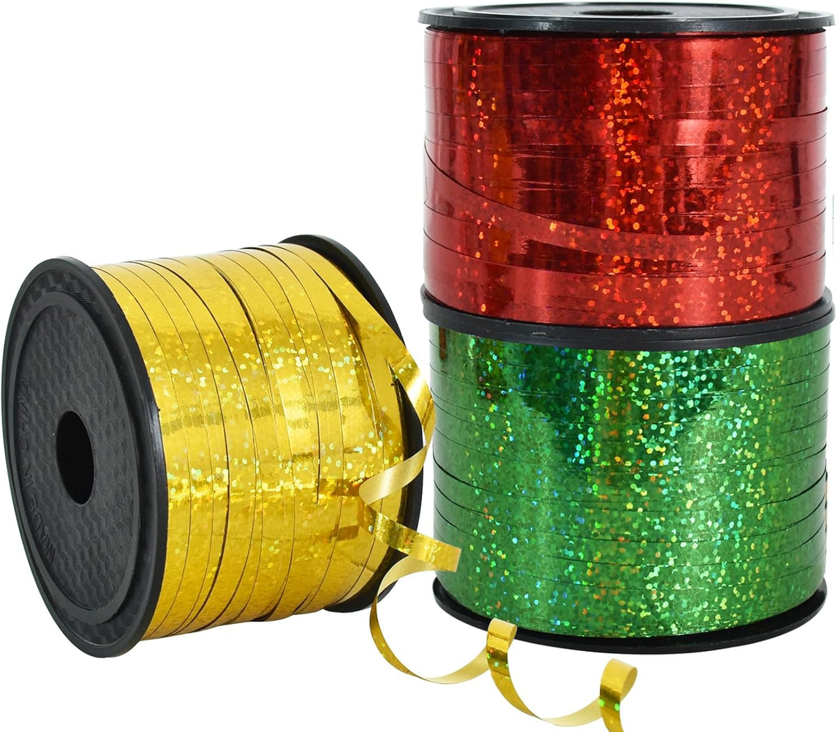 BEISHIDA 3 Pack 100 Yards Gold Red Green Ribbon Curling Crimped Glitter Ribbon Balloon String Shiny