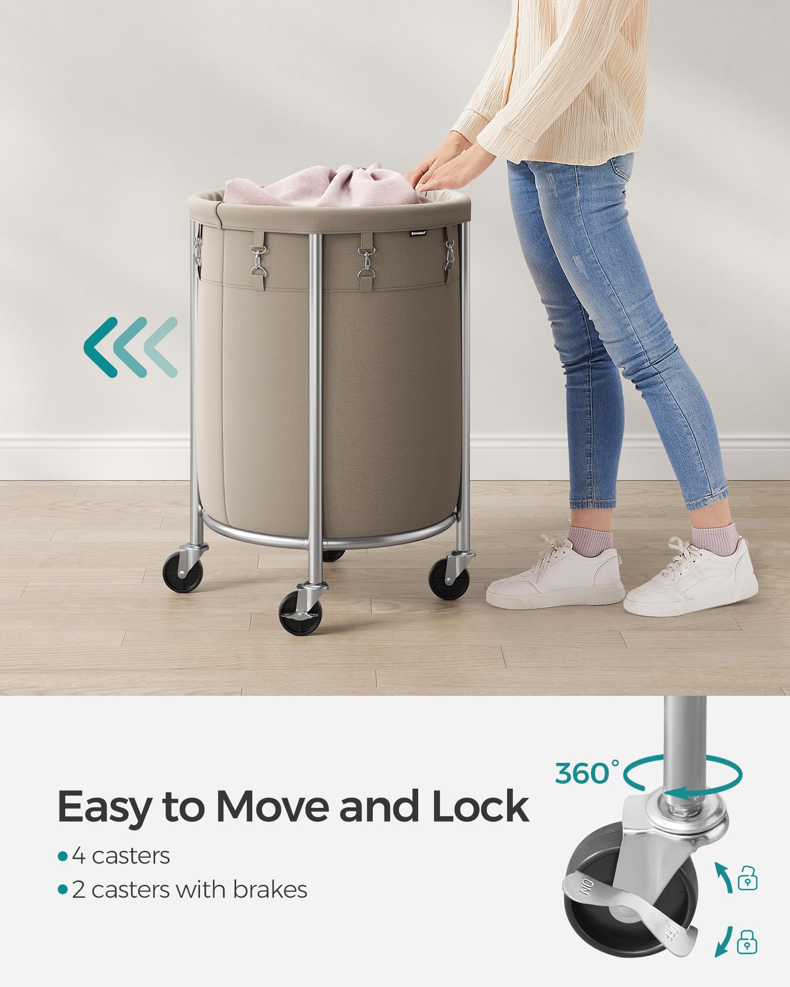SONGMICS Laundry Basket, Rolling Steel Frame with 2 Locking Wheels, 110 L