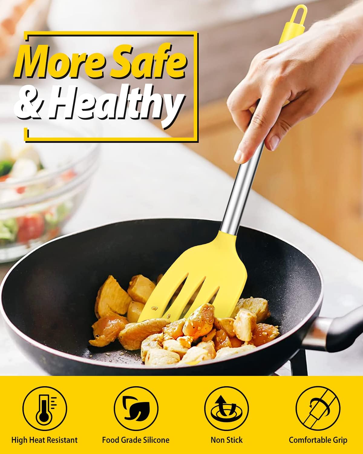 Pack of 2 Silicone Solid Turner, Non Stick Slotted Kitchen Spatulas, High Heat Resistant BPA Free