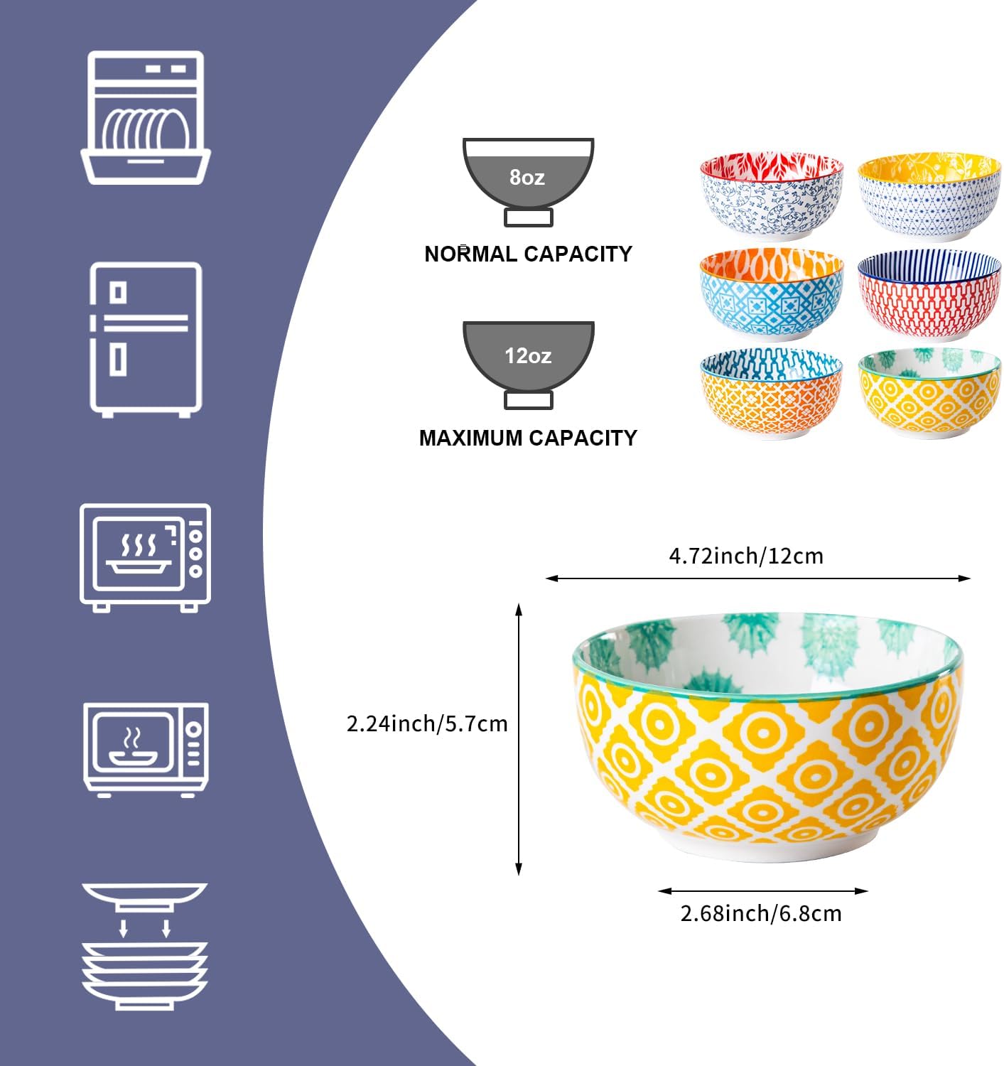 Ceramic Dessert Bowls Set - 11 Oz Porcelain Ice Cream Bowl for kitchen - 4.7 Inch Small Cereal Bowl