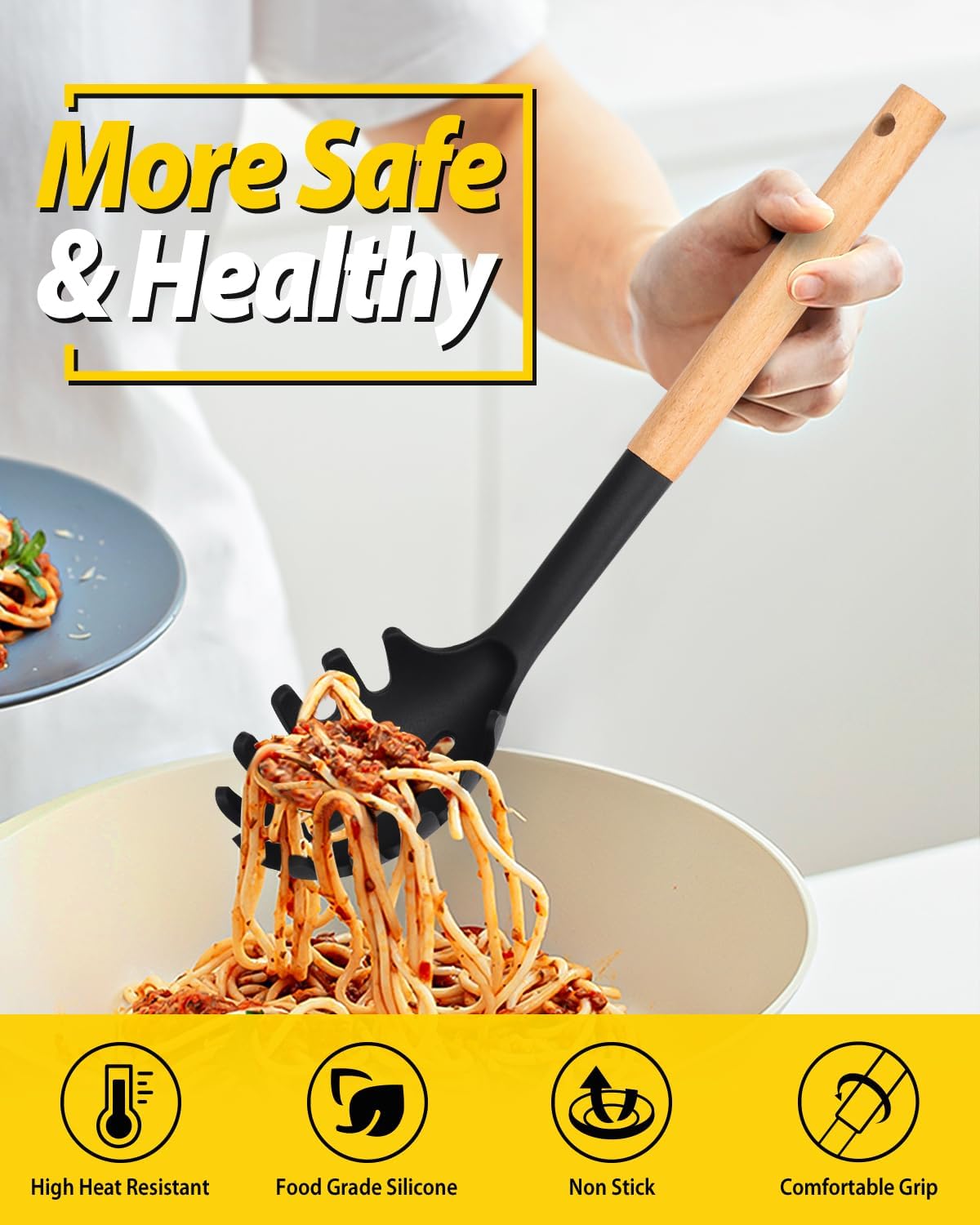 Silicone Pasta Fork and Ladle Spoon Set with Wooden Handle, Heat Resistant Non Stick Kitchen