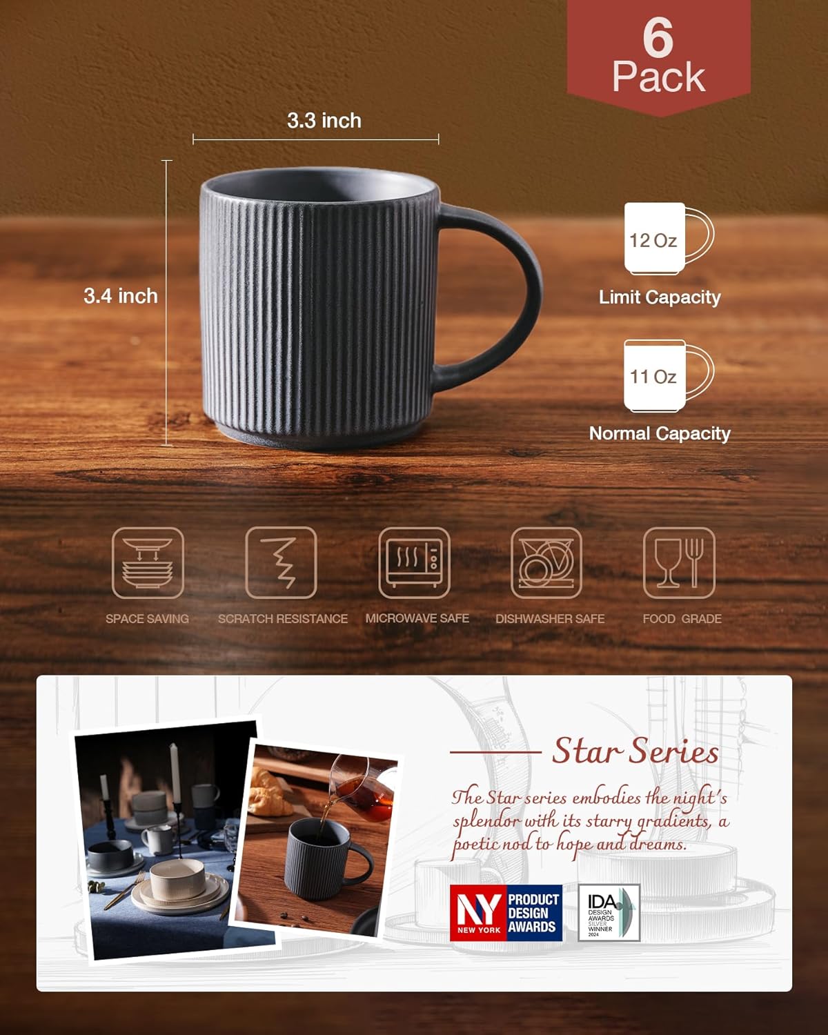 famiware Coffee Mug Set for 6, Star 12 oz Catering Mugs Cup Set with Handle for Coffee, Tea, Cocoa