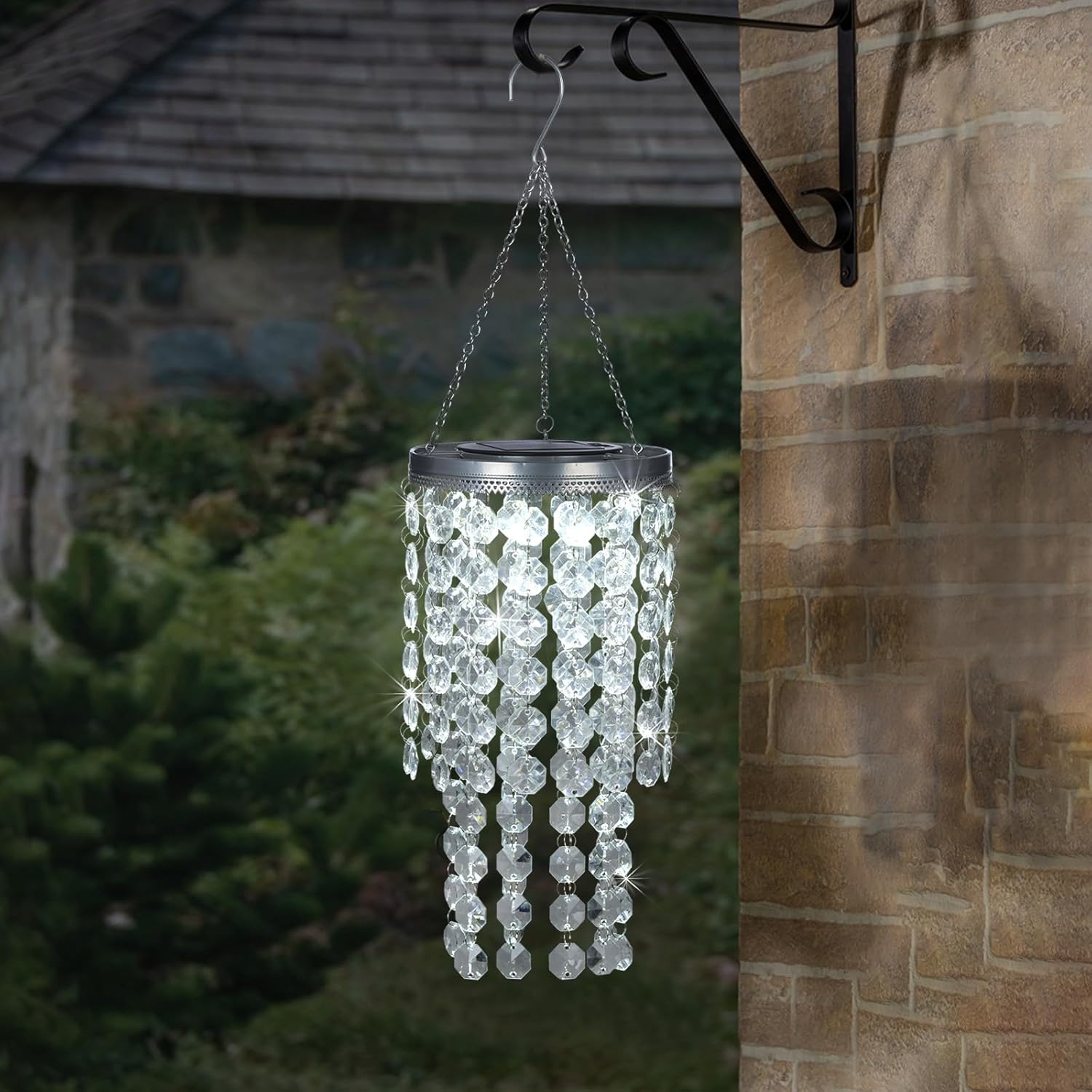 Hanging Solar Lantern Outdoor, 2 Tiers 21” Solar Transparent Acrylic Beaded Chandelier with Cool