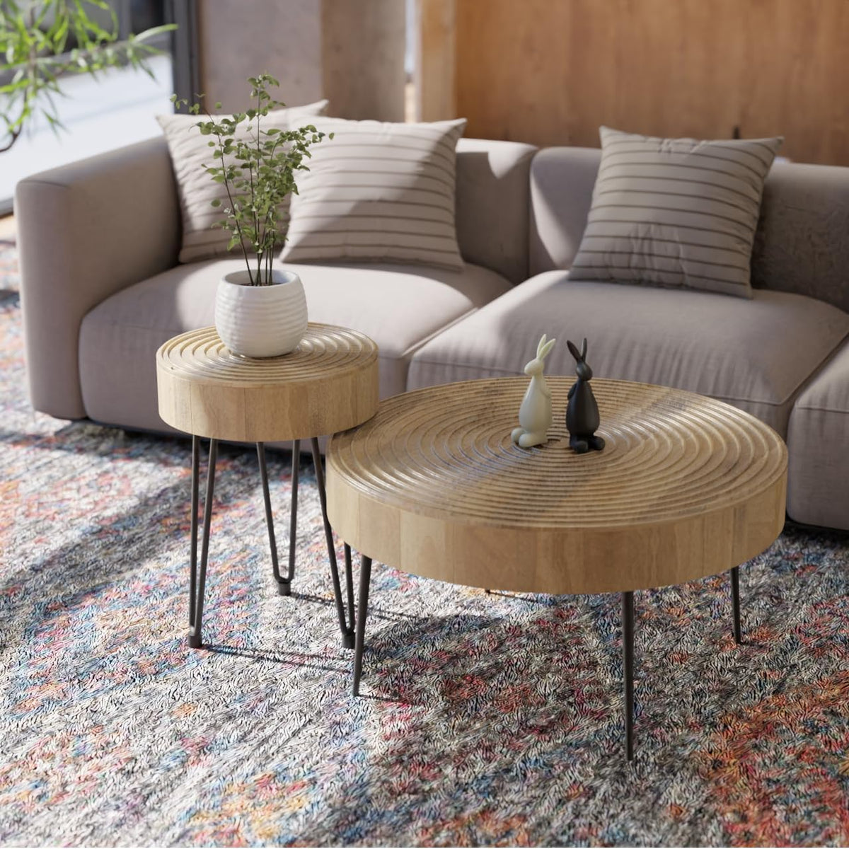 Relso Aspen Round Nesting Coffee Table Set of 2 – Solid Wood Nesting Tables with Metal Legs