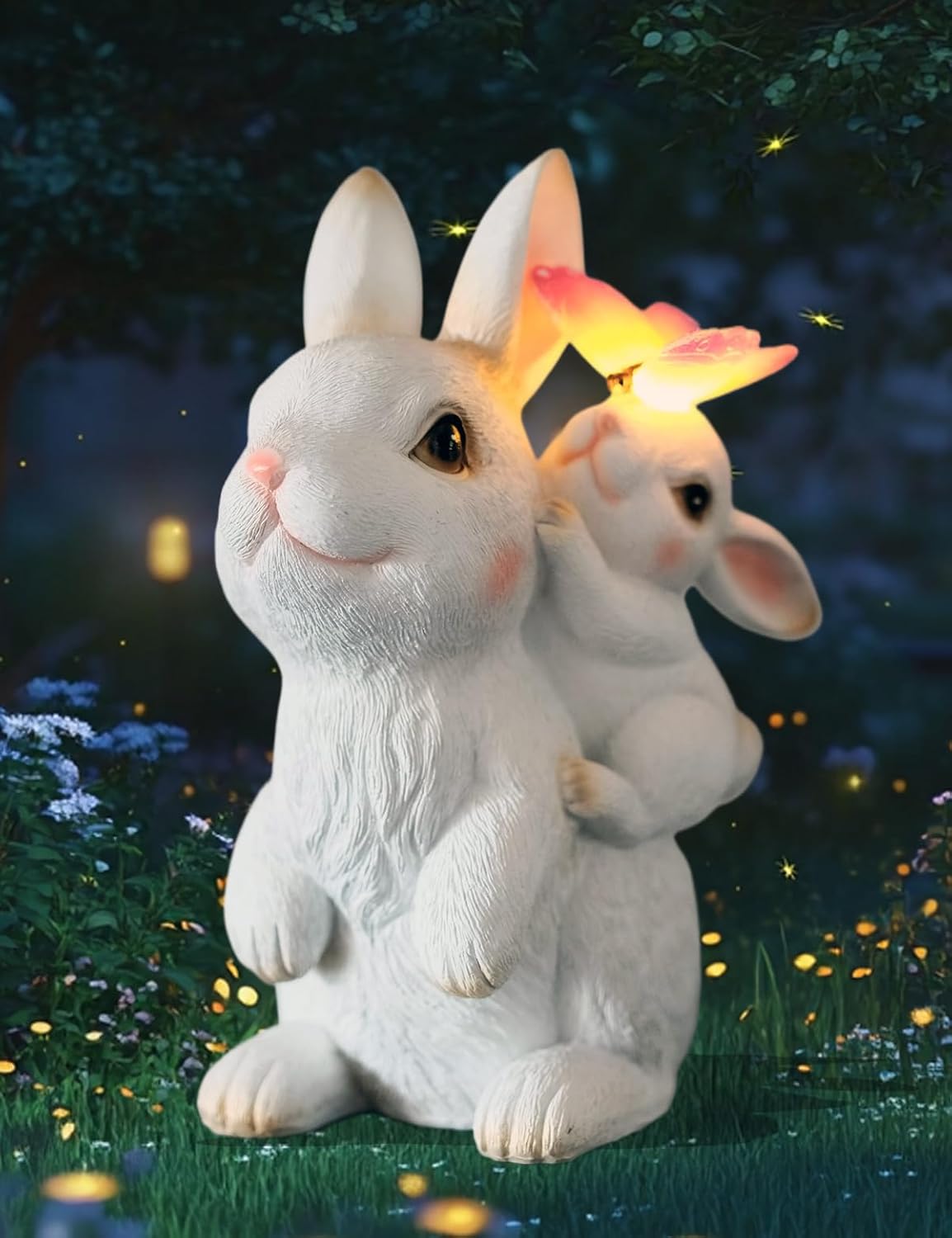 Solar Garden Statues Rabbit with Solar Lights,Mother&Baby Bunny Figurine with Butterfly Changing