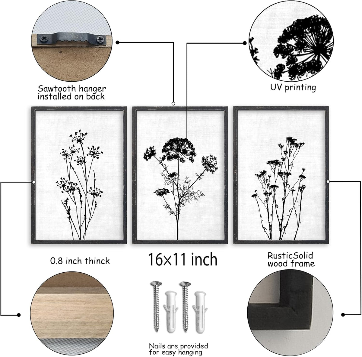 Flower Plant Wall Art Decor 16"x11" Set of 3 Black And White Botanical Painting Wood Framed For