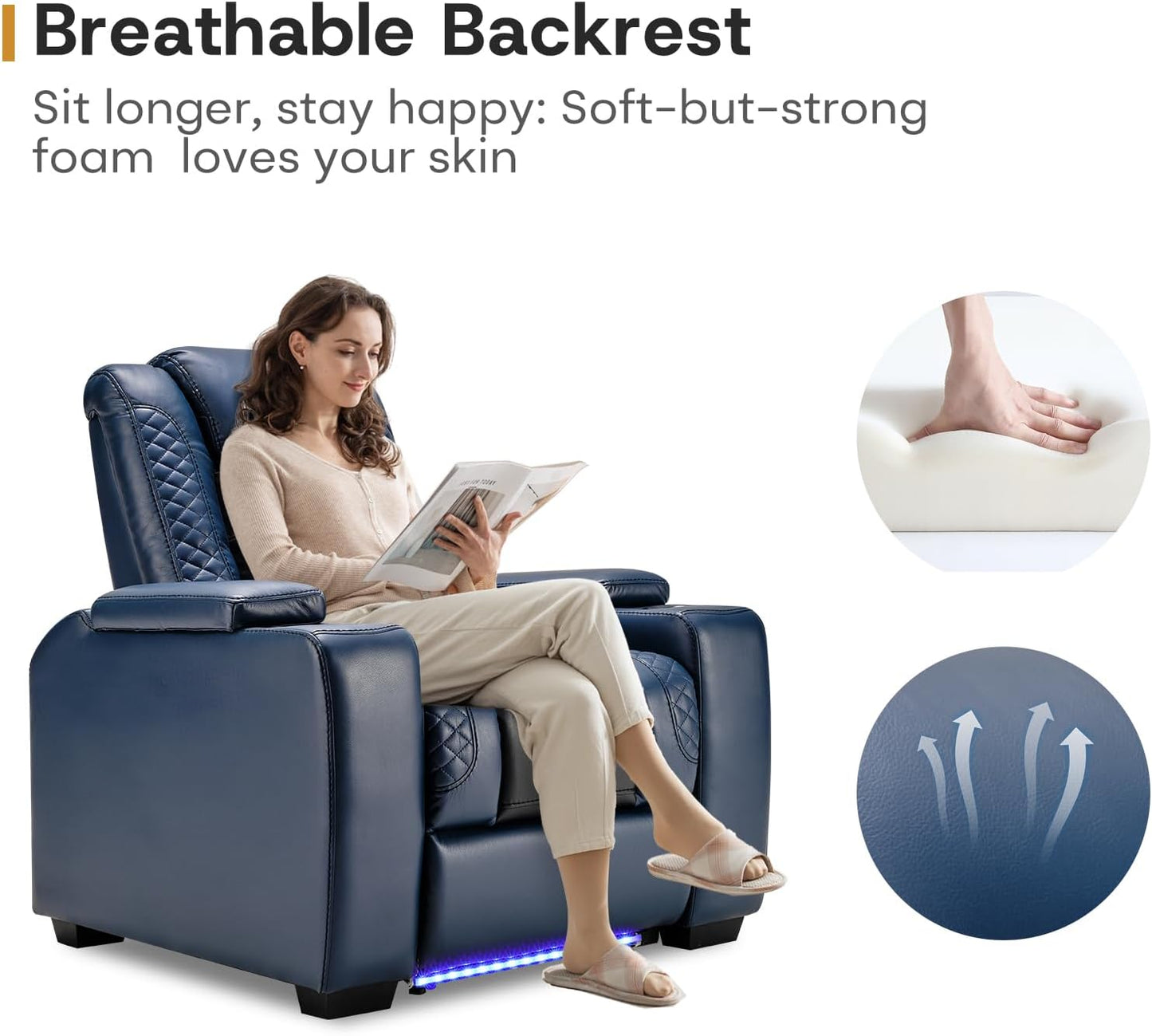 ANJ Power Home Theater Seating Set of 2, Blue Faux Leather Electric Recliner Chair with Powered