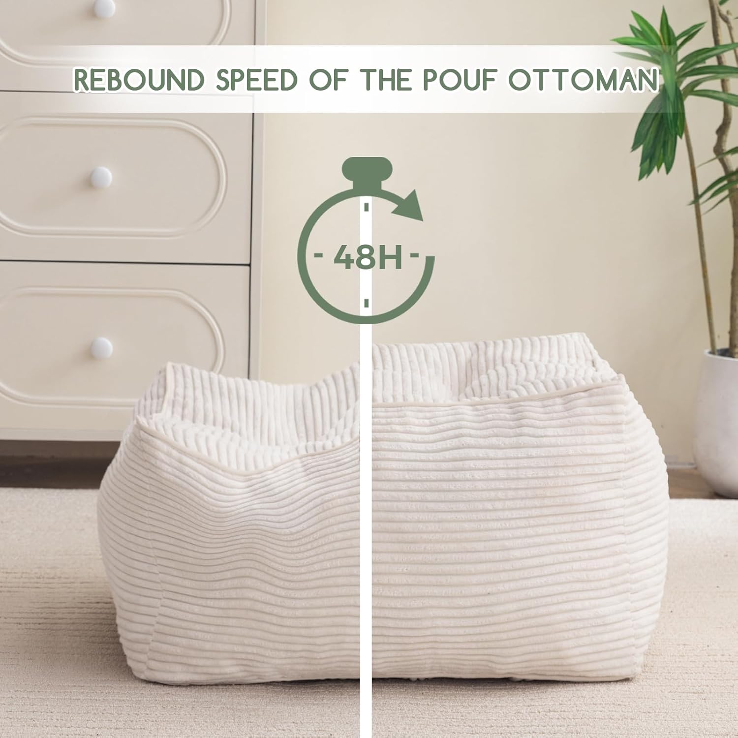 HIGOGOGO Square Stuffed Pouf Ottoman, Corduroy Poufs with Foam Chunk Filling, Furry and Fluffy Pouf
