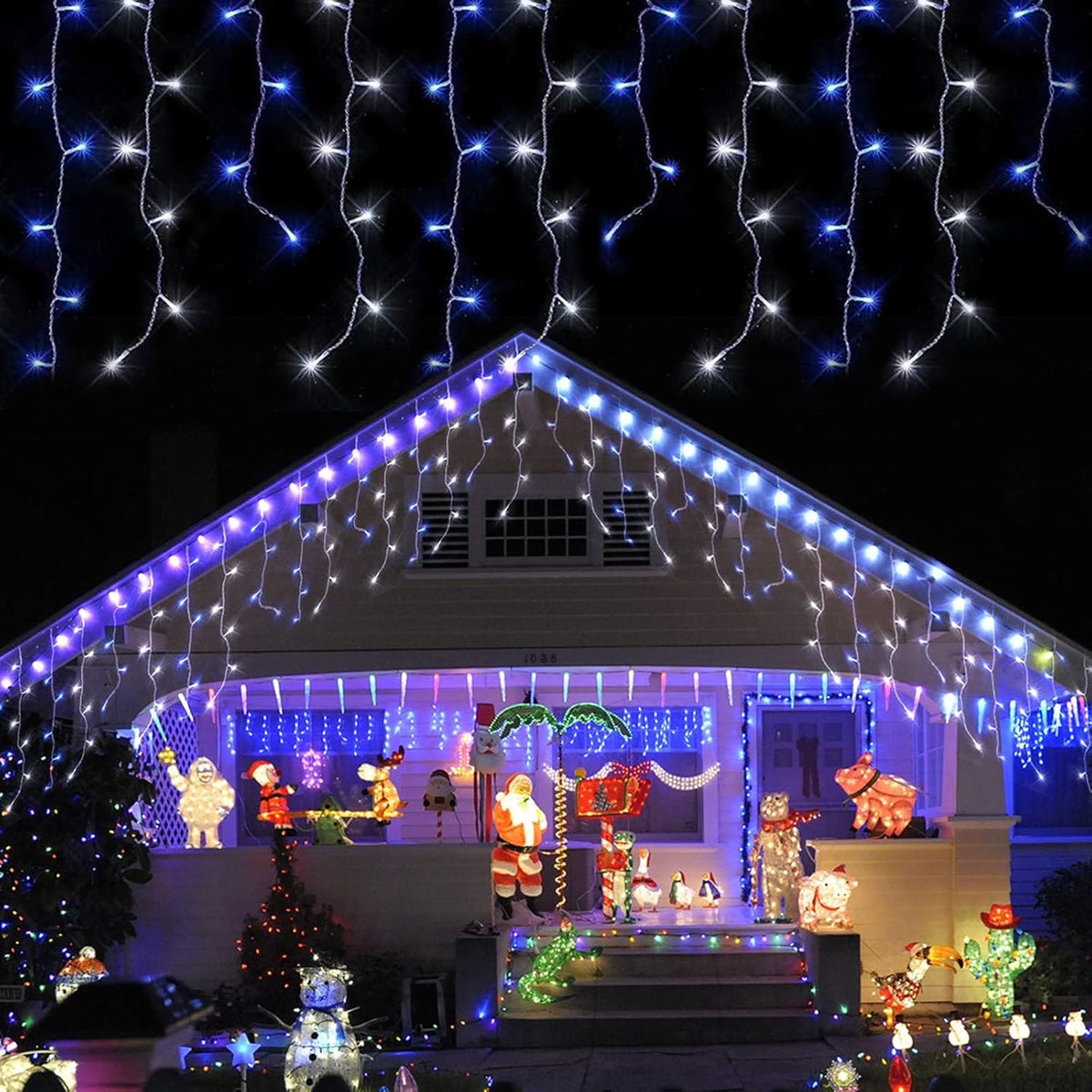 YEGUO 33ft 400 LED Blue and White Icicle Lights Outdoor Waterproof, 80 Drops Icicle String Lights