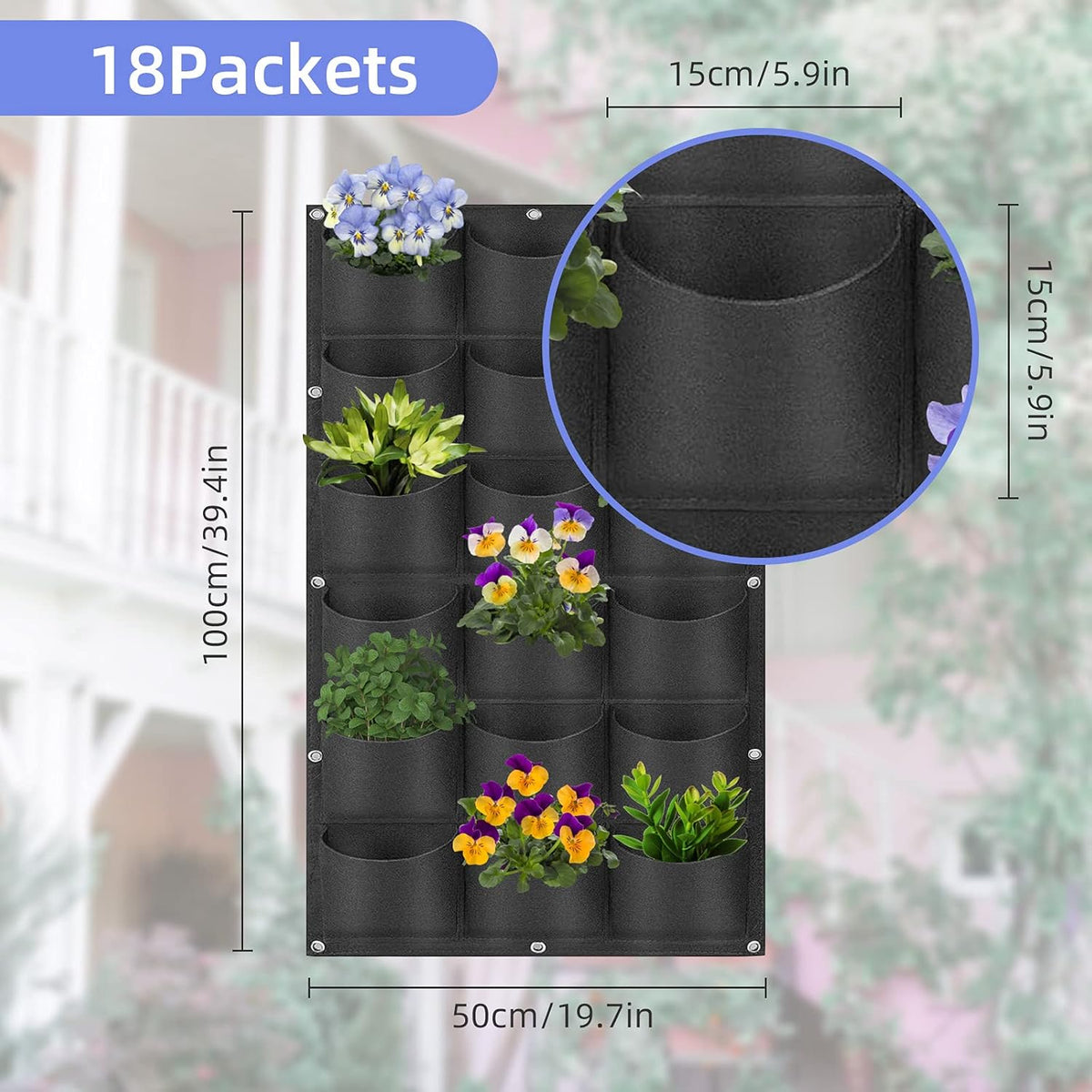 18 Pockets Hanging Planter Bags, Hanging Vertical Wall Mounted Plant Planting Grow Bags, Herb