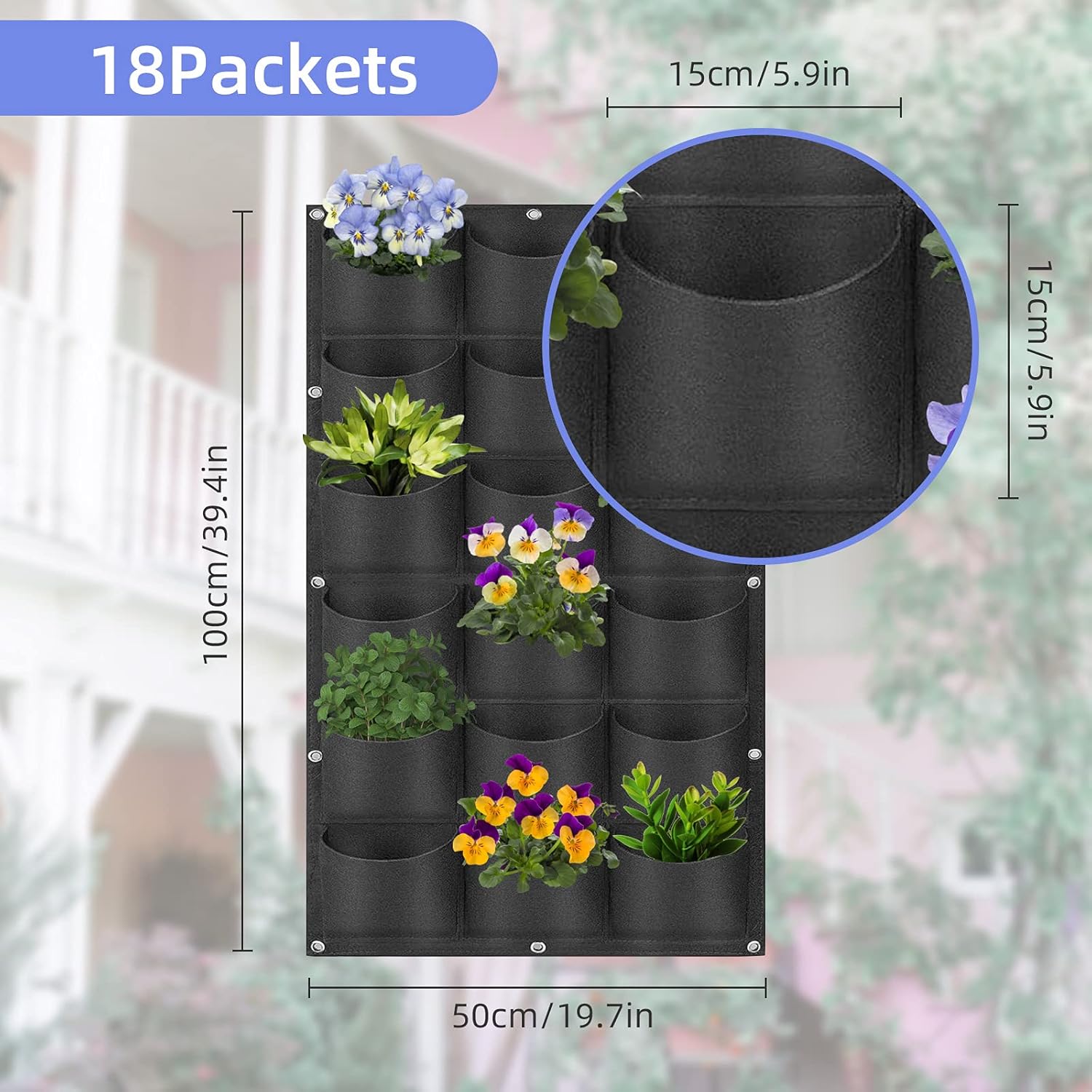 18 Pockets Hanging Planter Bags, Hanging Vertical Wall Mounted Plant Planting Grow Bags, Herb