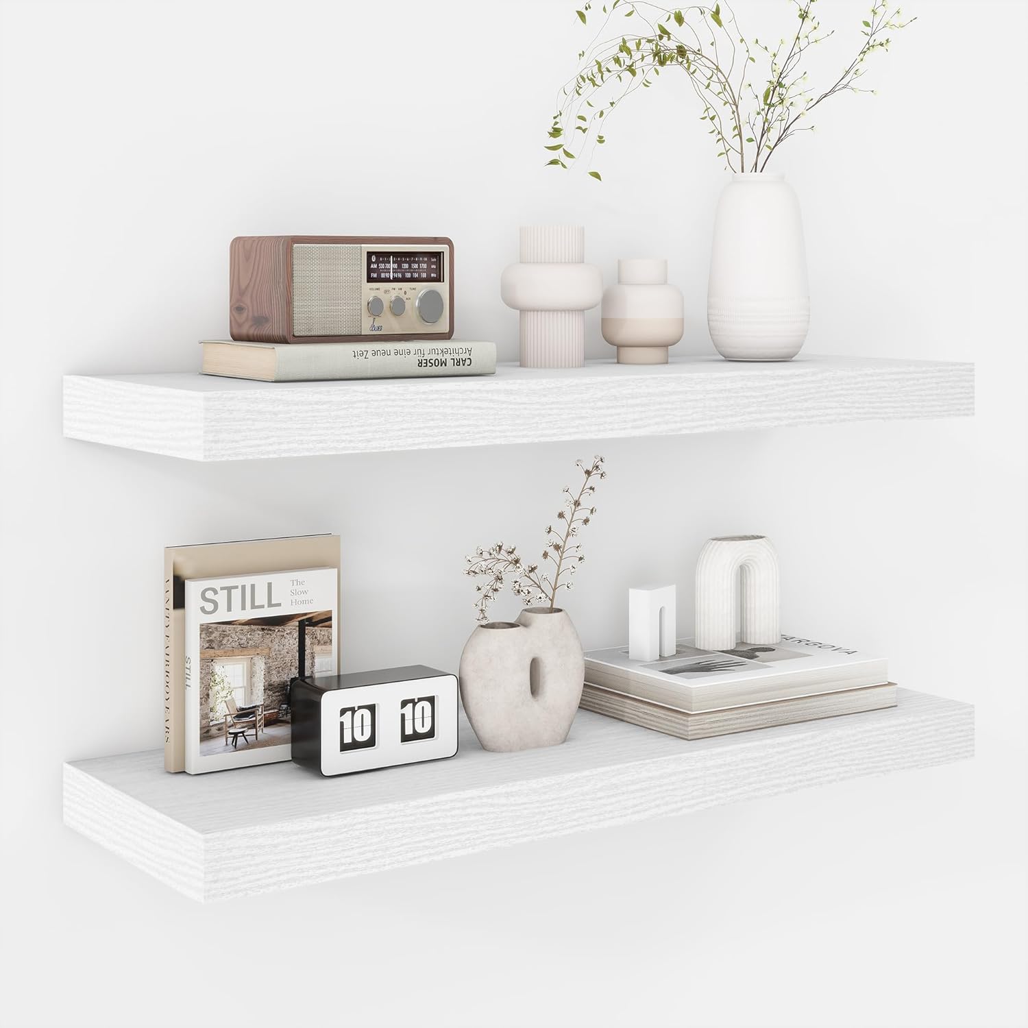 Fun Memories 24 Inch Floating Shelves - Deep Rustic White Wooden Wall Shelves - Extra Deeper &