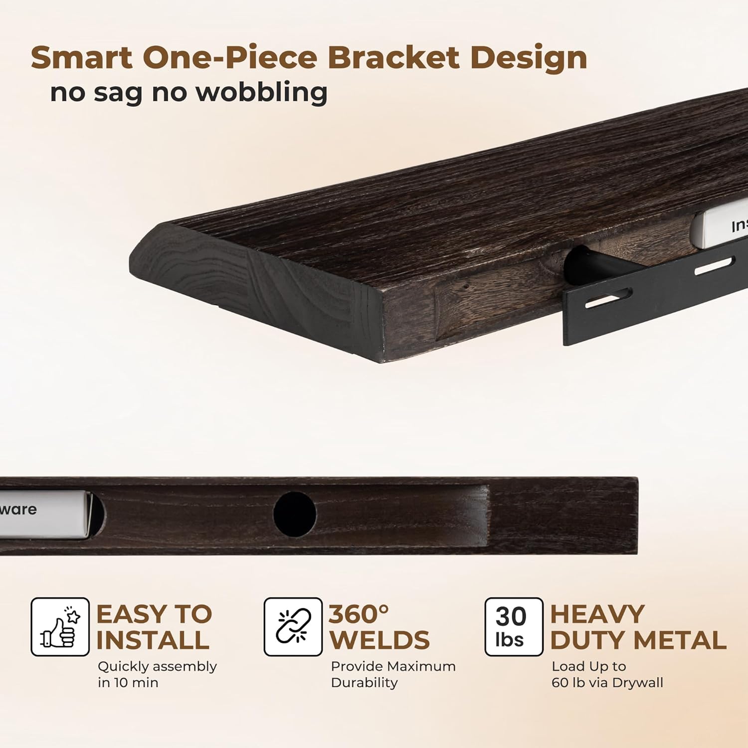 Axeman 24 inch Floating Shelves for Wall - 8'' D Live Edge Rustic Solid Elm Wood Floating Shelves