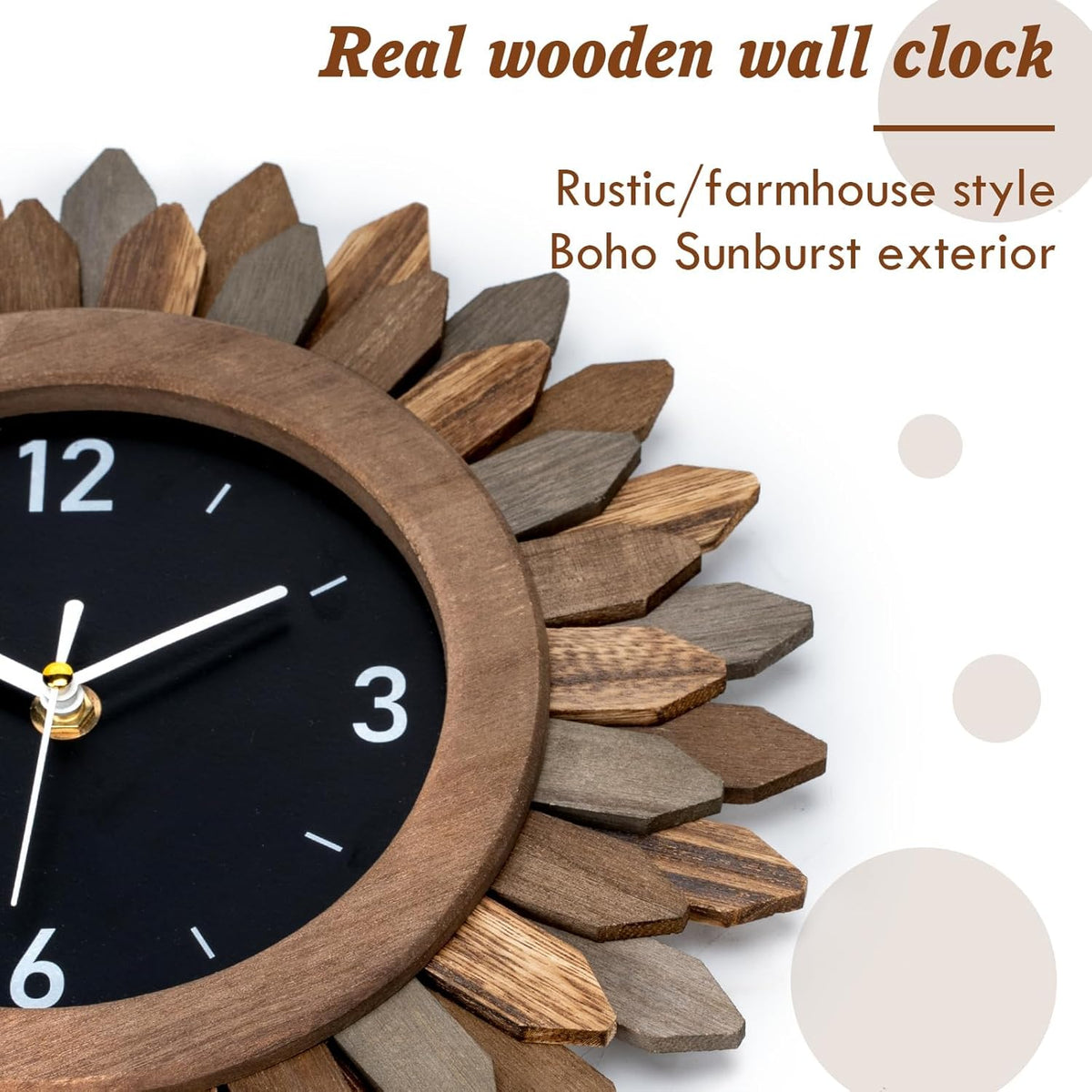 Honiway Wall Clock Battery Operated 12 in Rustic Wood Boho Sunburst Decorative Wall Clock Silent