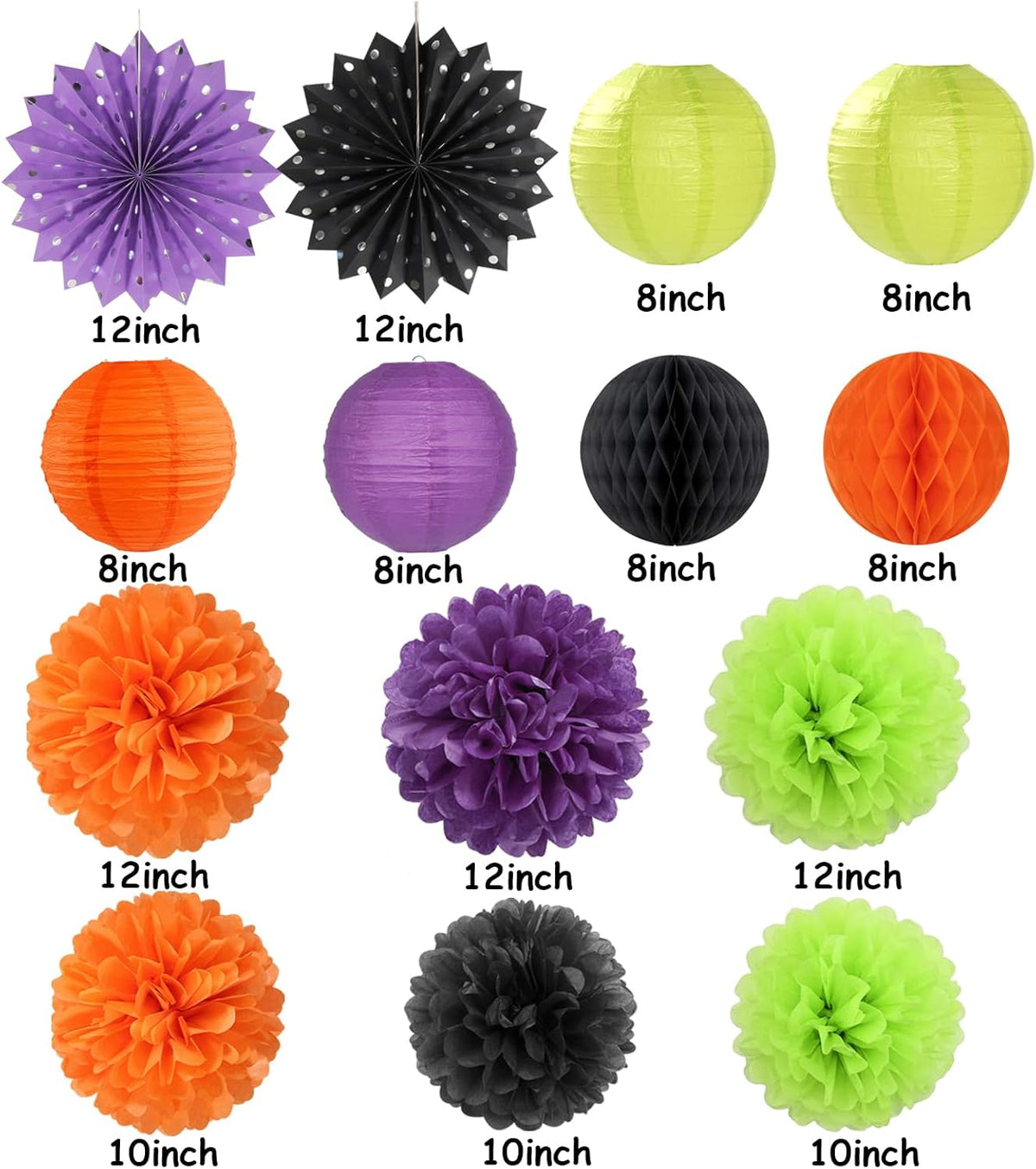 Black-Orange Purple Green Halloween Party-Decorations - 14pc Kit Paper Lanterns Fan,Tissue Flower