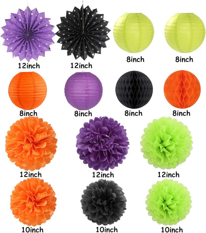 Black-Orange Purple Green Halloween Party-Decorations - 14pc Kit Paper Lanterns Fan,Tissue Flower