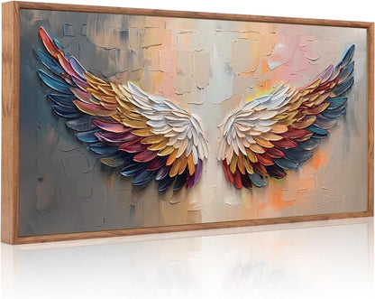 Aurlan Angel Wings Hand Painted Framed Wall Decor(40"x20"), Large Abstract Colorful Feather 3D