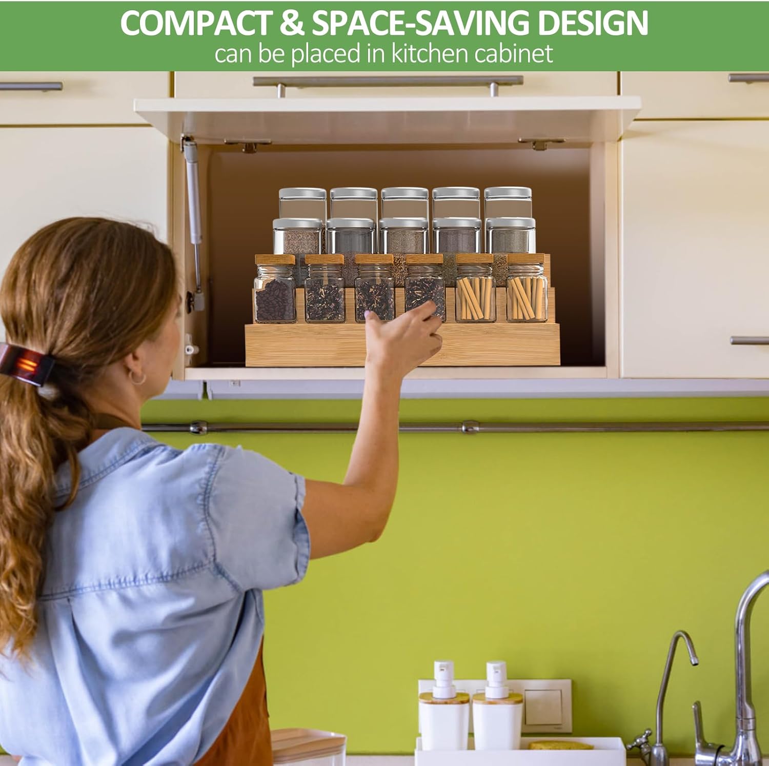 2 Pack Bamboo Spice Rack Organizer for Countertop, 3 Tier Spice Step Shelf for Cabinet (Jars Not
