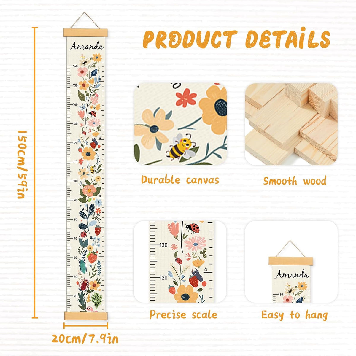 Personalized Name Growth Chart Wall Decor for Kids – Canvas Removable Height Chart Measuring Ruler