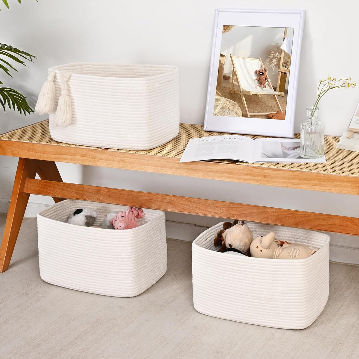 3-Pack Shelf Baskets for Organizing, Woven Storage Basket for Shelves, Cotton Rope Storage Bins for