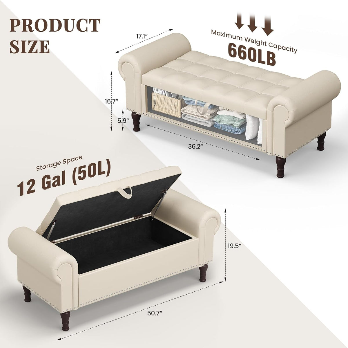 51" Storage Ottoman Bench for Bedroom, Full Queen Storage Bench with Button, Upholstered Bedroom