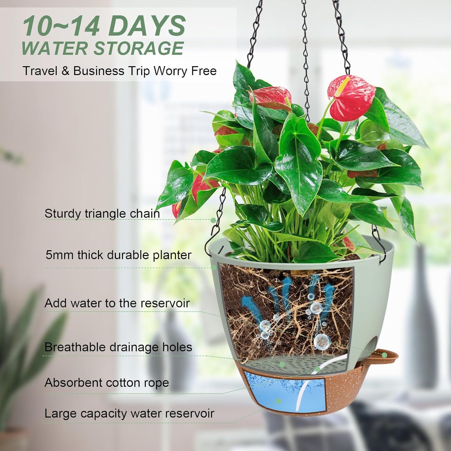 Hanging Planters for Indoor Outdoor Plants, 1 Set Self Watering Hanging Pot with Drainage Holes &