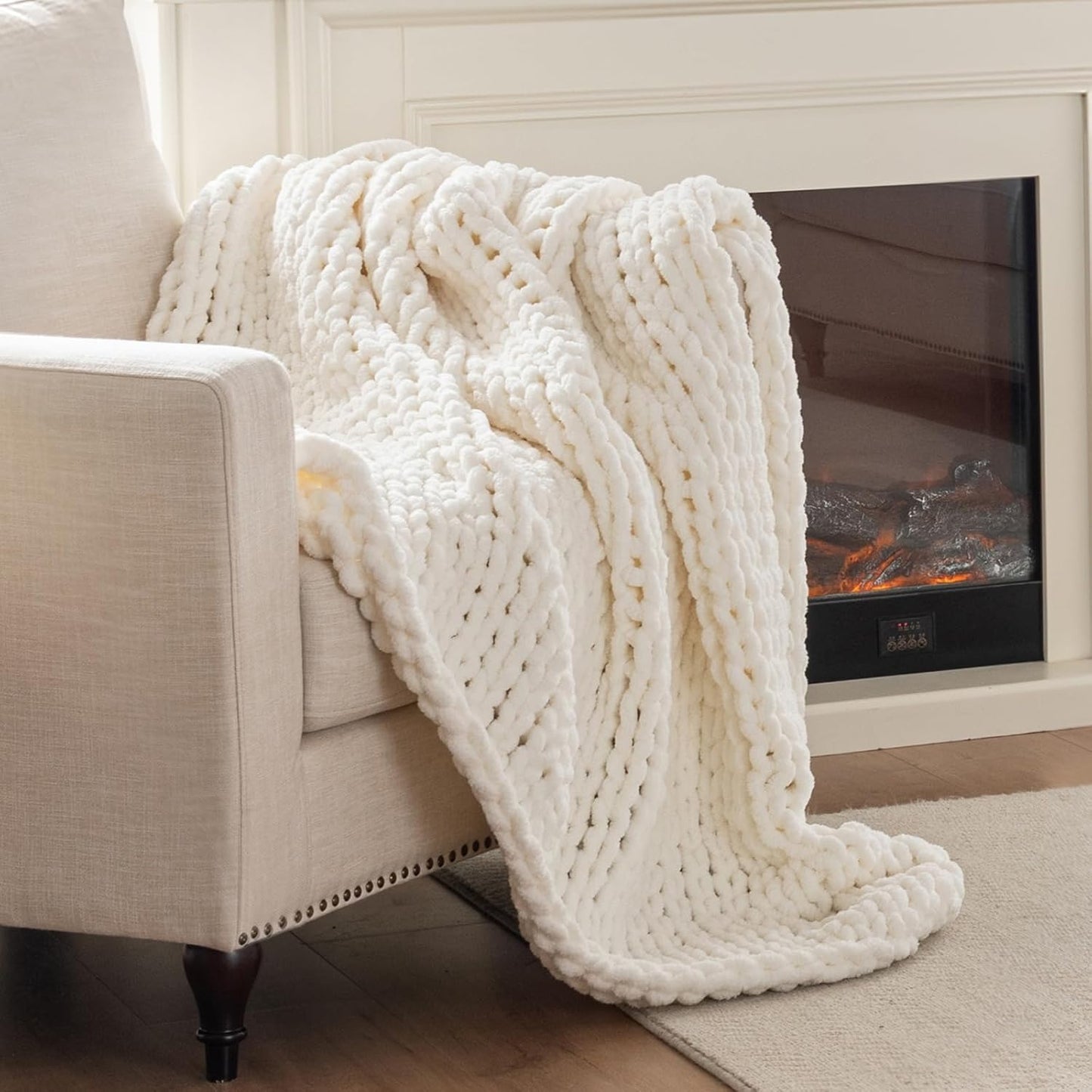 Chunky Knit Blanket Throw, 100% Hand Knit Throw Blanket Handmade Chenille Cable Knit Throw for