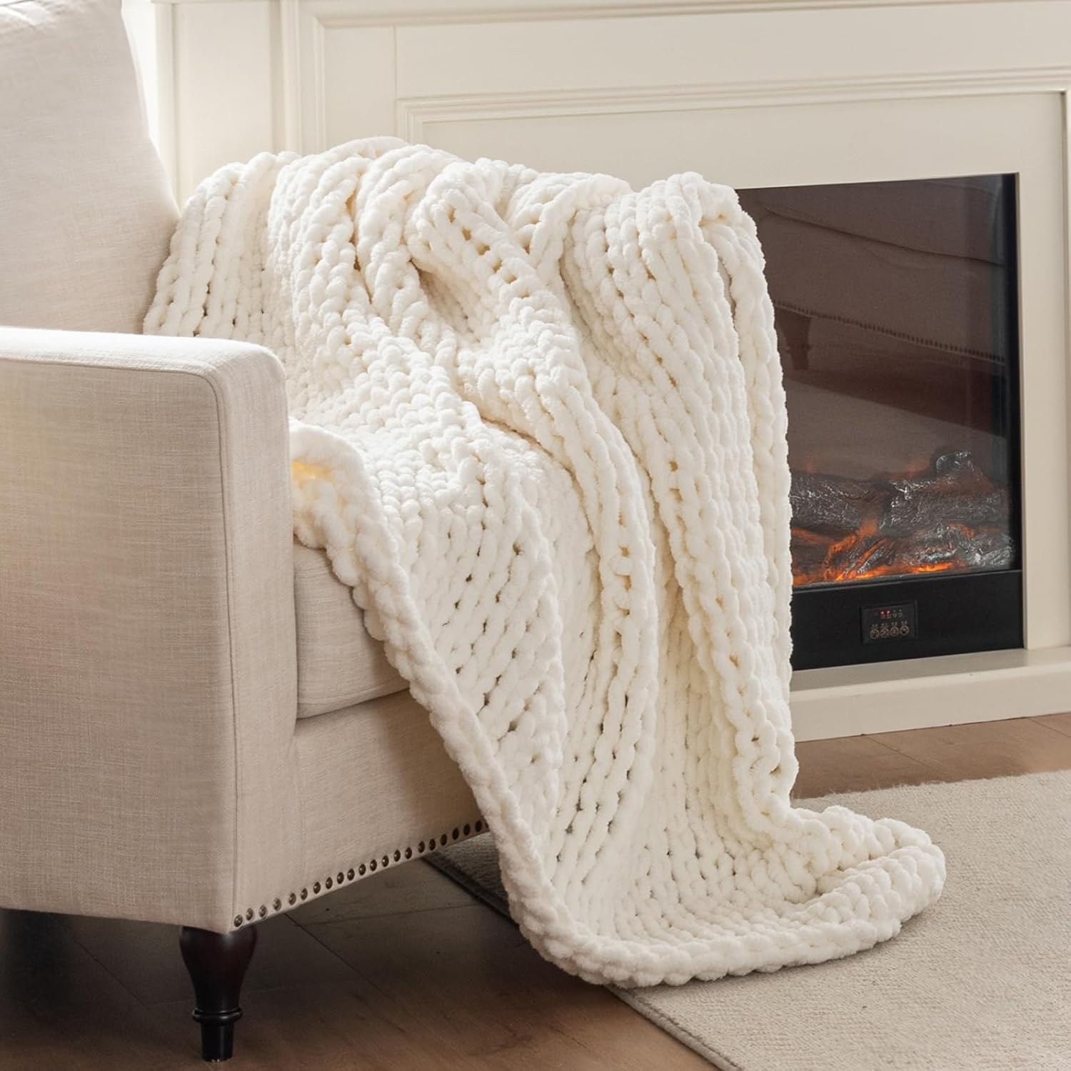 Chunky Knit Blanket Throw, 100% Hand Knit Throw Blanket Handmade Chenille Cable Knit Throw for