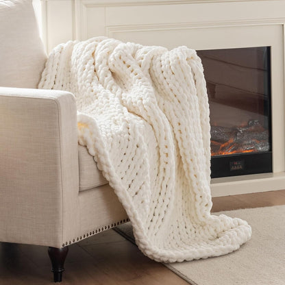 Chunky Knit Blanket Throw, 100% Hand Knit Throw Blanket Handmade Chenille Cable Knit Throw for