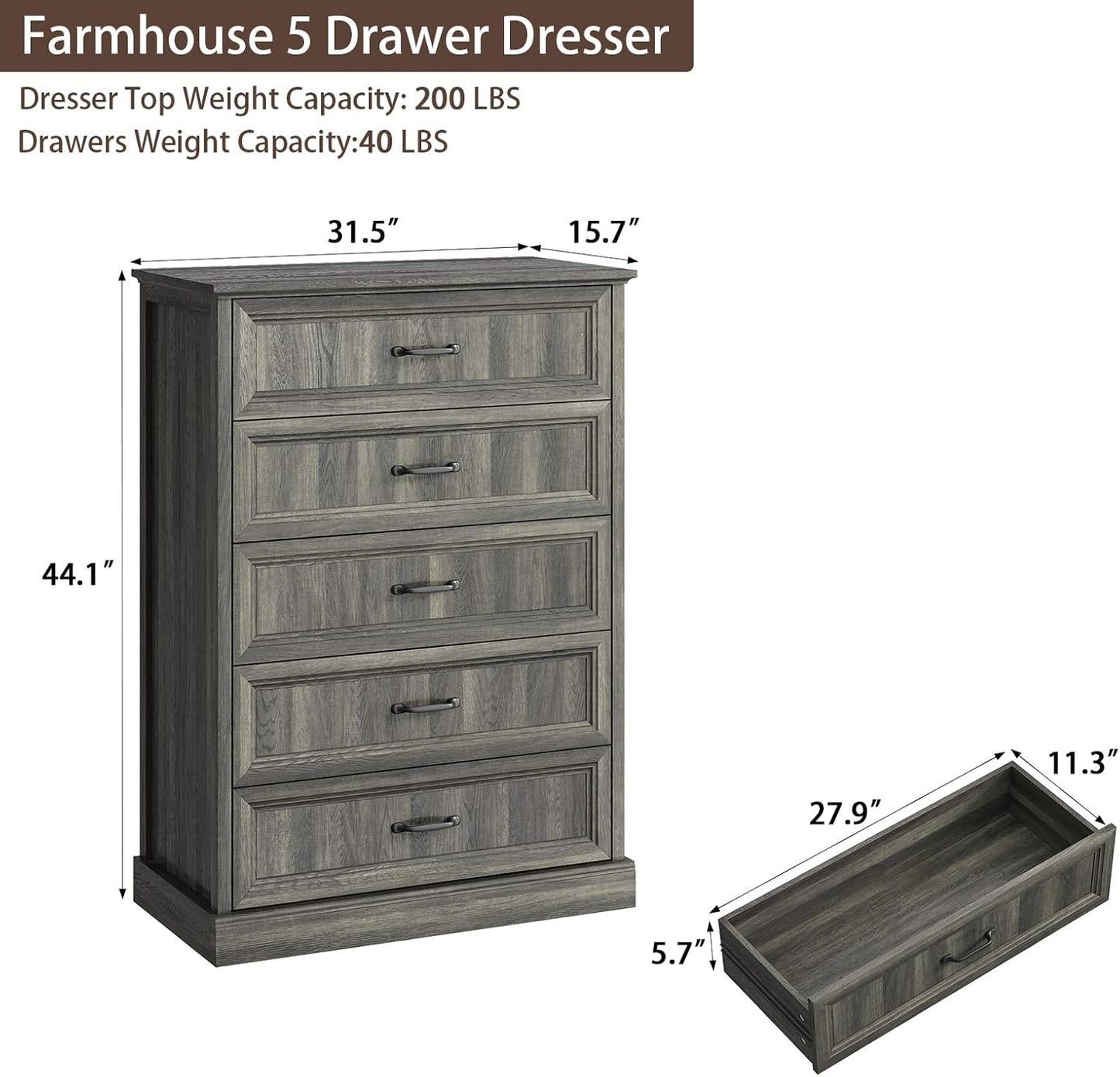 Farmhouse 5 Drawers Dresser for Bedroom, 44" Tall Grey dresser Wood Rustic Chest of Drawers with