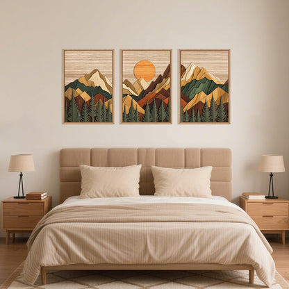 Celestdeco Woodcut Style Mountain Framed Canvas Wall Art Set, Large Brown Ridge Wall Decor, Boho