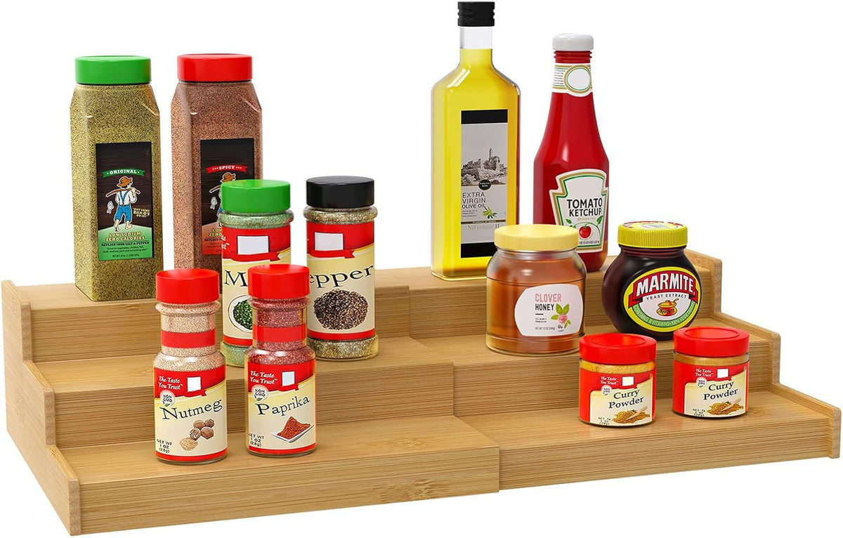 Spice Rack Organizer for Cabinet, 3 Tier Expandable Bamboo Spice Storage, Great for Kitchen