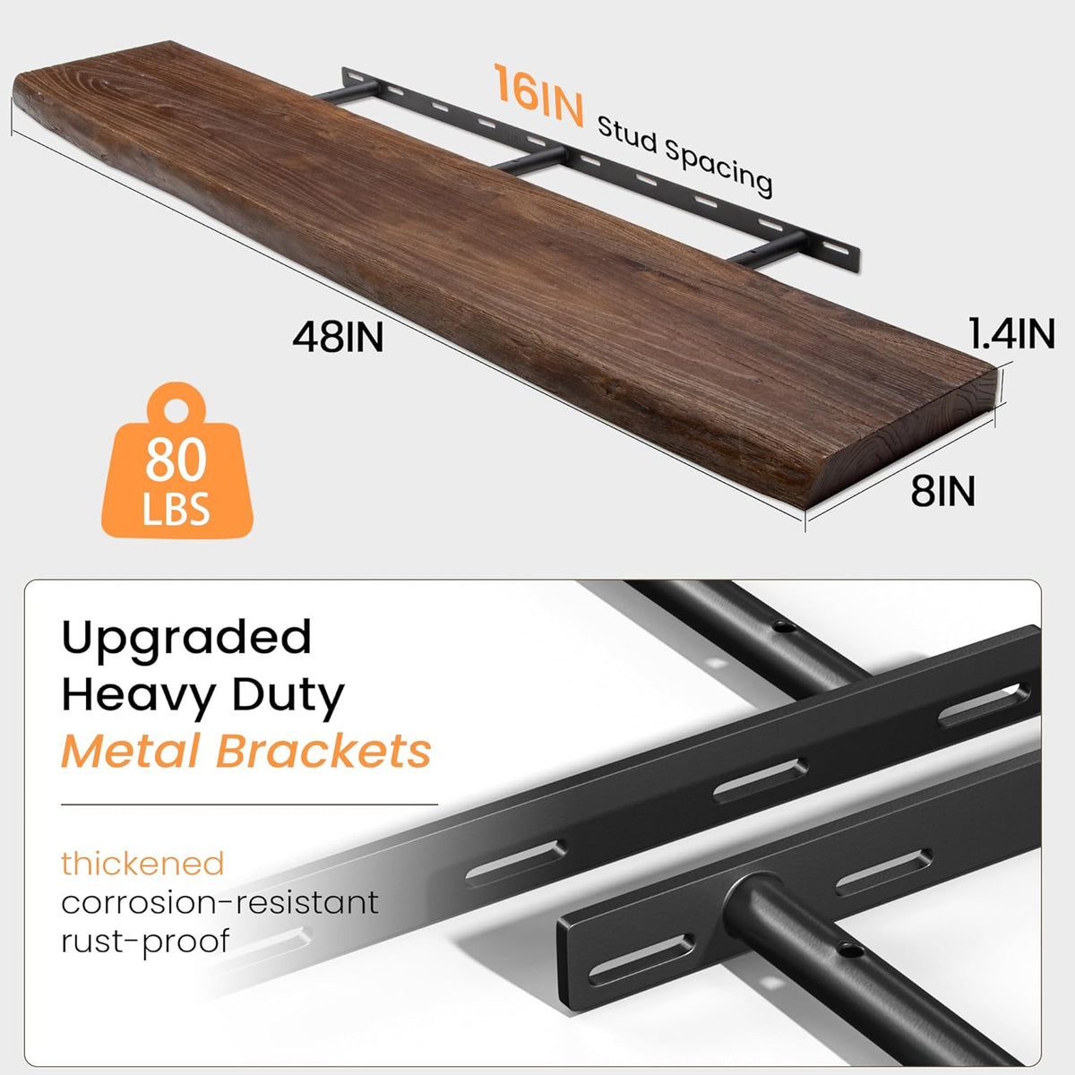 Wood Floating Shelves for Wall, 48 Inch Floating Shelves Wall Mounted, Rustic Live Edge Elm Wood