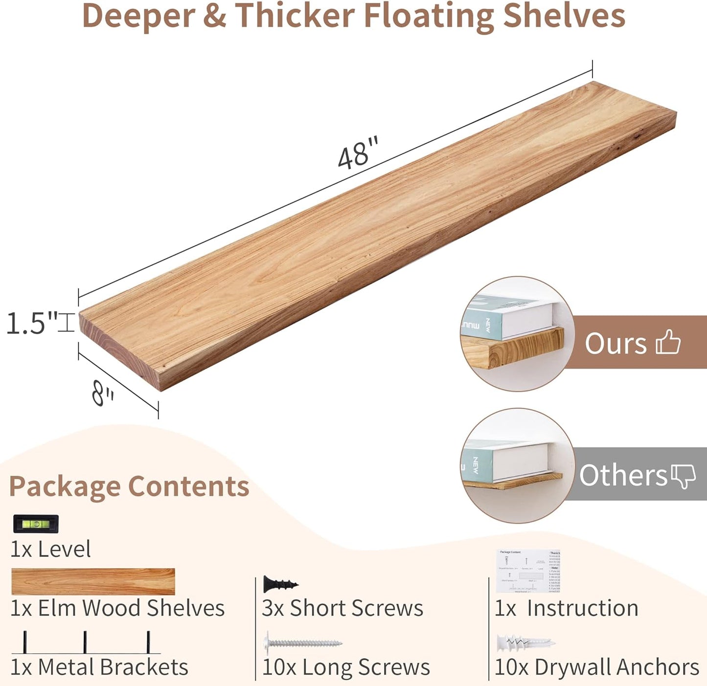 Axeman Rustic Elm Wood Floating Shelves for Wall, 48'' x 8" Deep Wall Shelf with Invisible Bracket