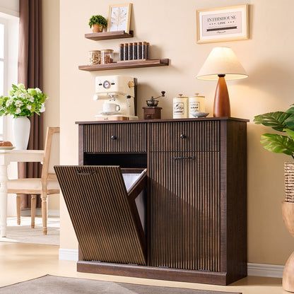 Modern Double Tilt-Out Trash Cabinet, 20 Gallon Fluted Laundry Hamper Cabinet with 2 Drawers