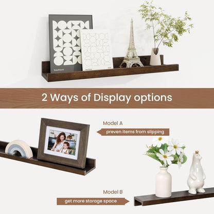 Picture Ledge Shelf, Solid Pine Wood Floating Shelves Set of 4, 16 Inches Nursery Book Shelves for