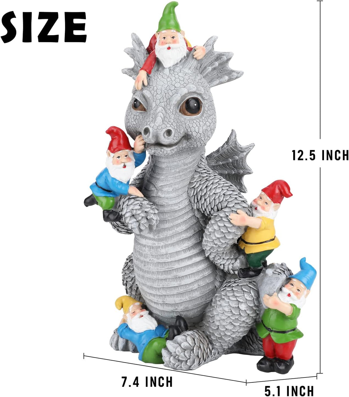 Dragon Gnome Statues Outdoor Decor, 13” Dinosaur Play with Gnomes Garden Statue, Outdoor Statue for
