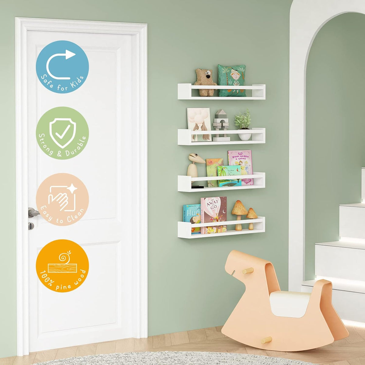 Forbena 24 Inch Wall Bookshelf for Kids Bedroom Set of 4, White Floating Nursery Book Shelves for