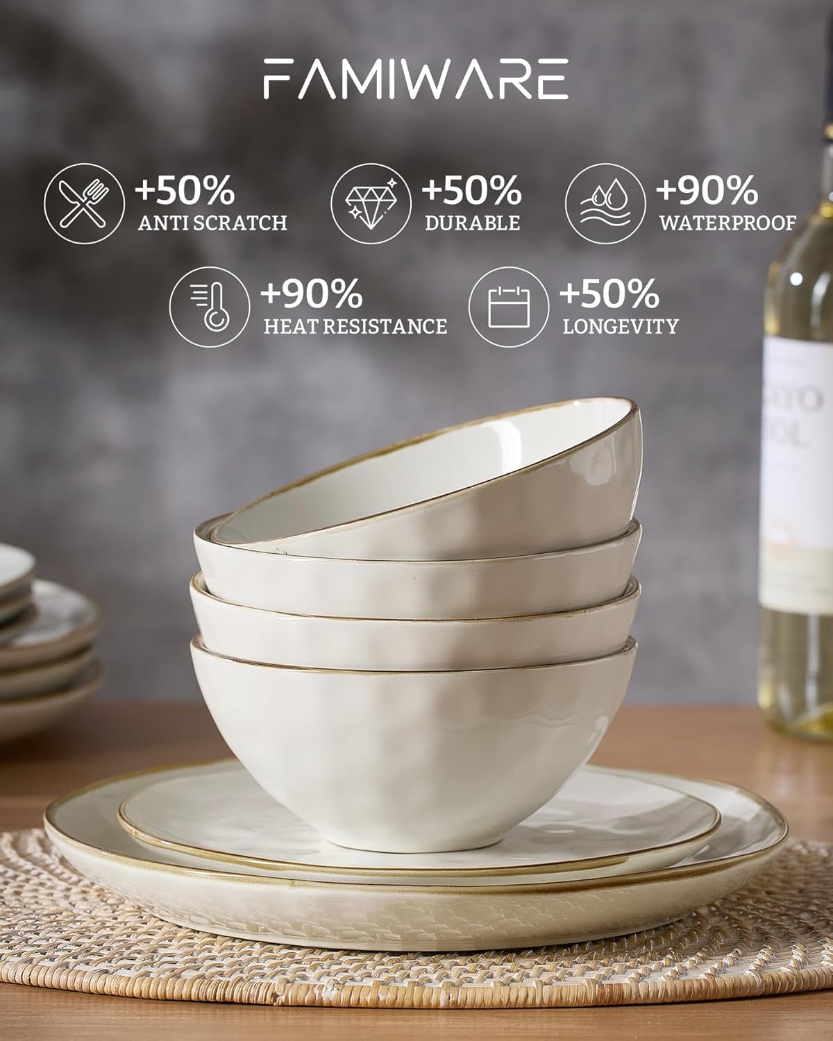 Famiware Dinnerware Sets for 8, Ocean Round 24-Piece Kitchen Plates and Bowls Sets, Microwave and
