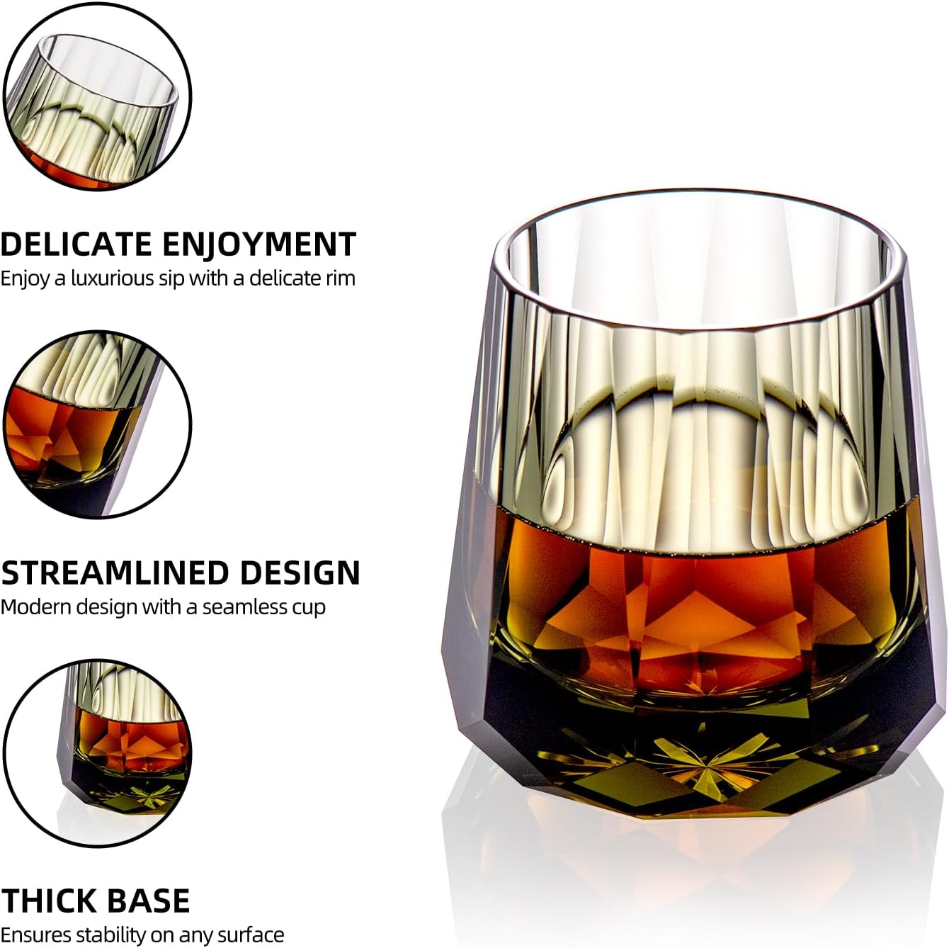KAMMAK Crystal Whiskey Glasses Set of 2, Handcrafted 6.76oz Old Fashioned Glasses Stemless, Luxury