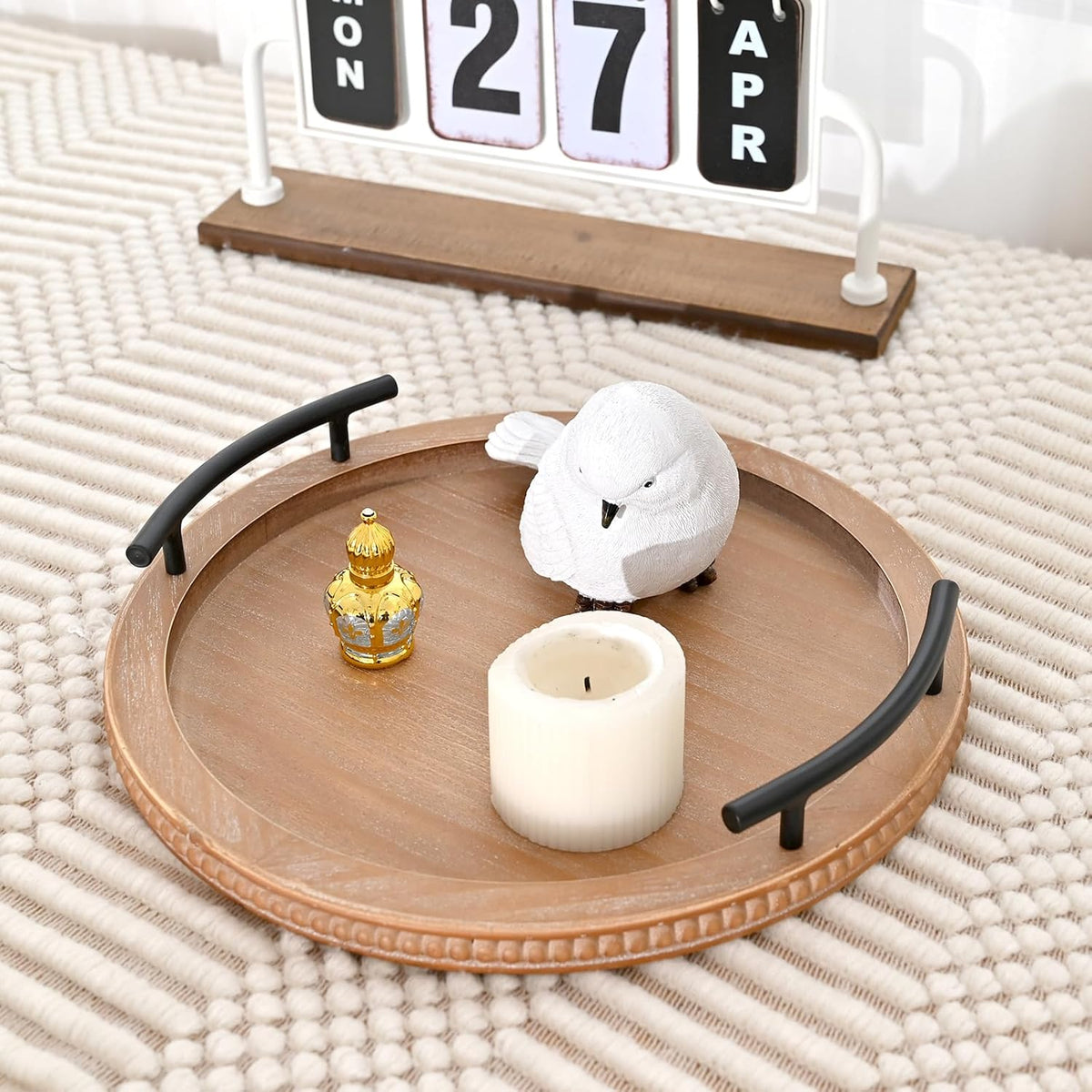 SwallowLiving Brown Wooden Beaded Serving Tray with Handle Decorative Rustic Tray for Coffee Table
