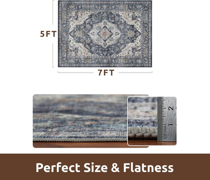 AMOAMI-Area Rug 5X7 Rugs for Living Room-Vintage Soft Blue Rugs for Bedroom-Non Slip Carpet-Machine