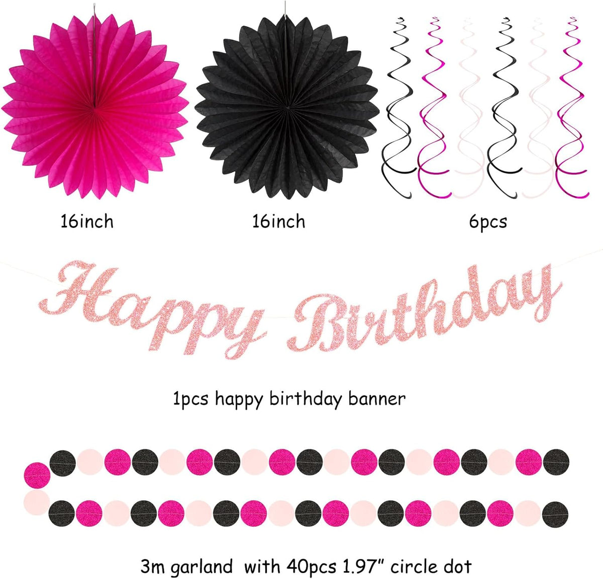 Hot-Pink Black Girls-Women Birthday Party-Decorations - 21pcs Baby Happy Banner, Paper Streamers