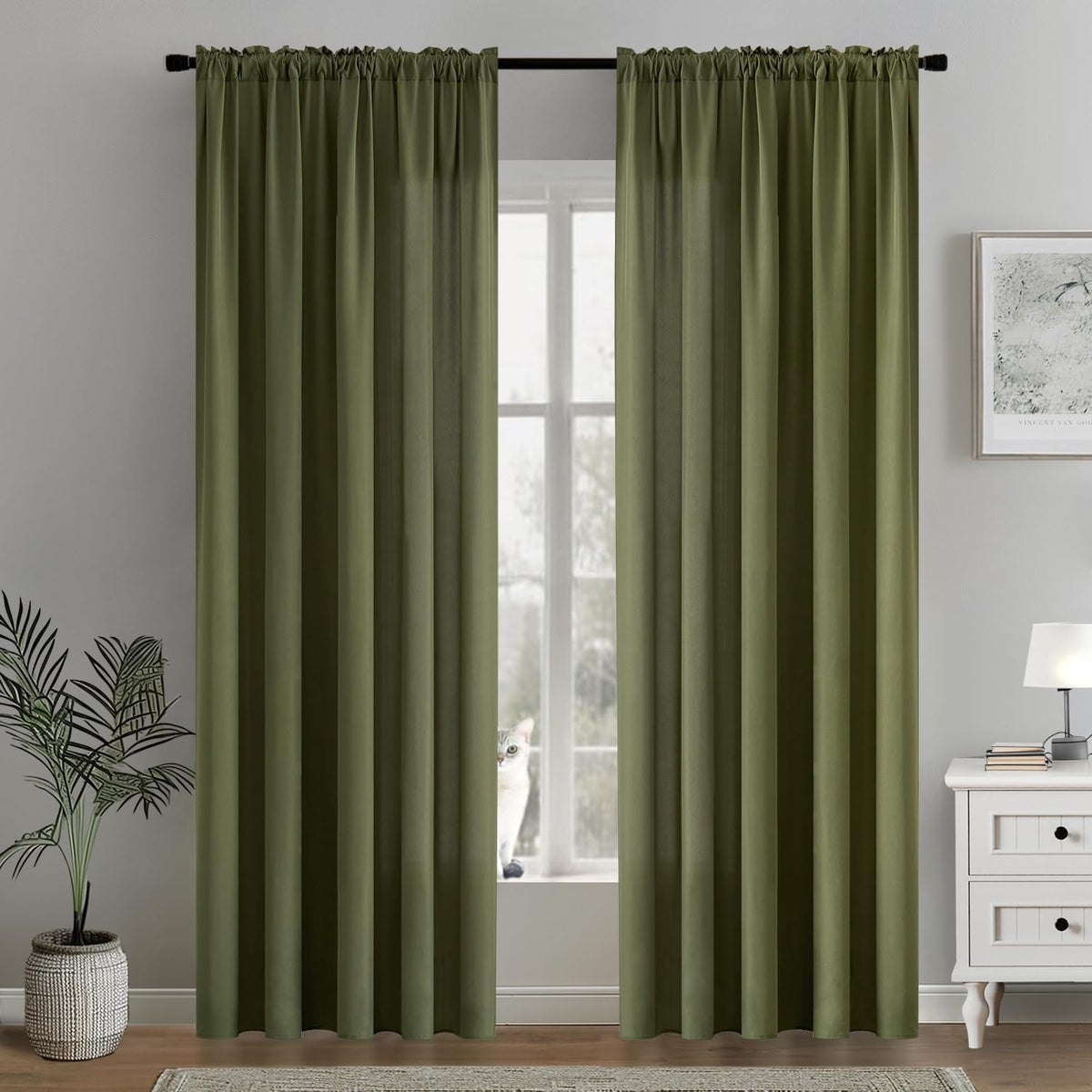 MIULEE Olive Green Privacy Sheer Curtains That Let Light in 72 Inches Long Non-See-Through Semi