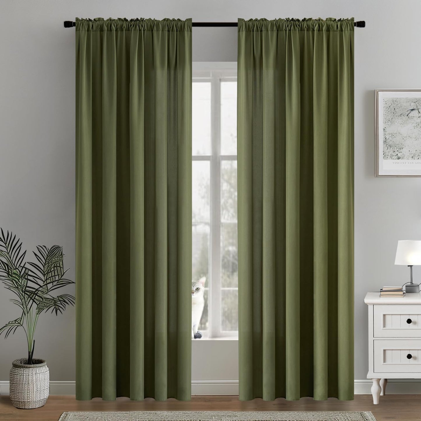 MIULEE Olive Green Privacy Sheer Curtains That Let Light in 90 Inches Long Non-See-Through Semi