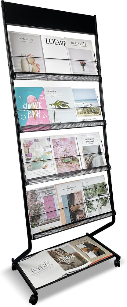 Tongmo Floor-Standing Magazine Rack 4-Layer with Wheels, Brochure Display Stand, High-hardness