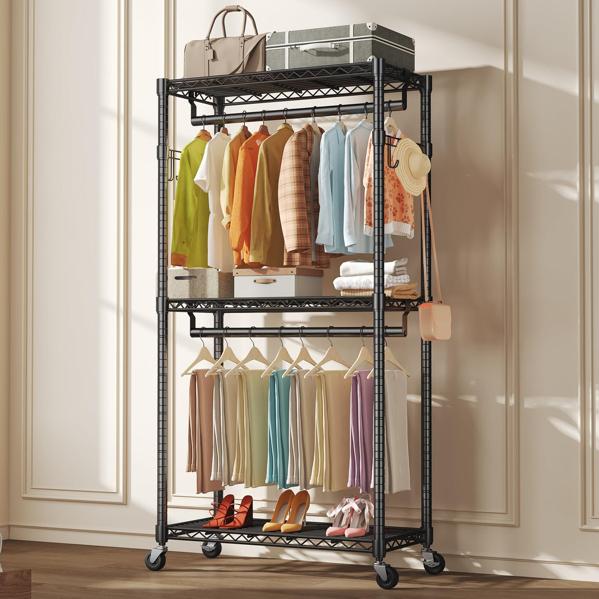 OLIXIS Rolling Clothes Rack, Heavy Duty Garment Rack, 35 IN, Metal Black