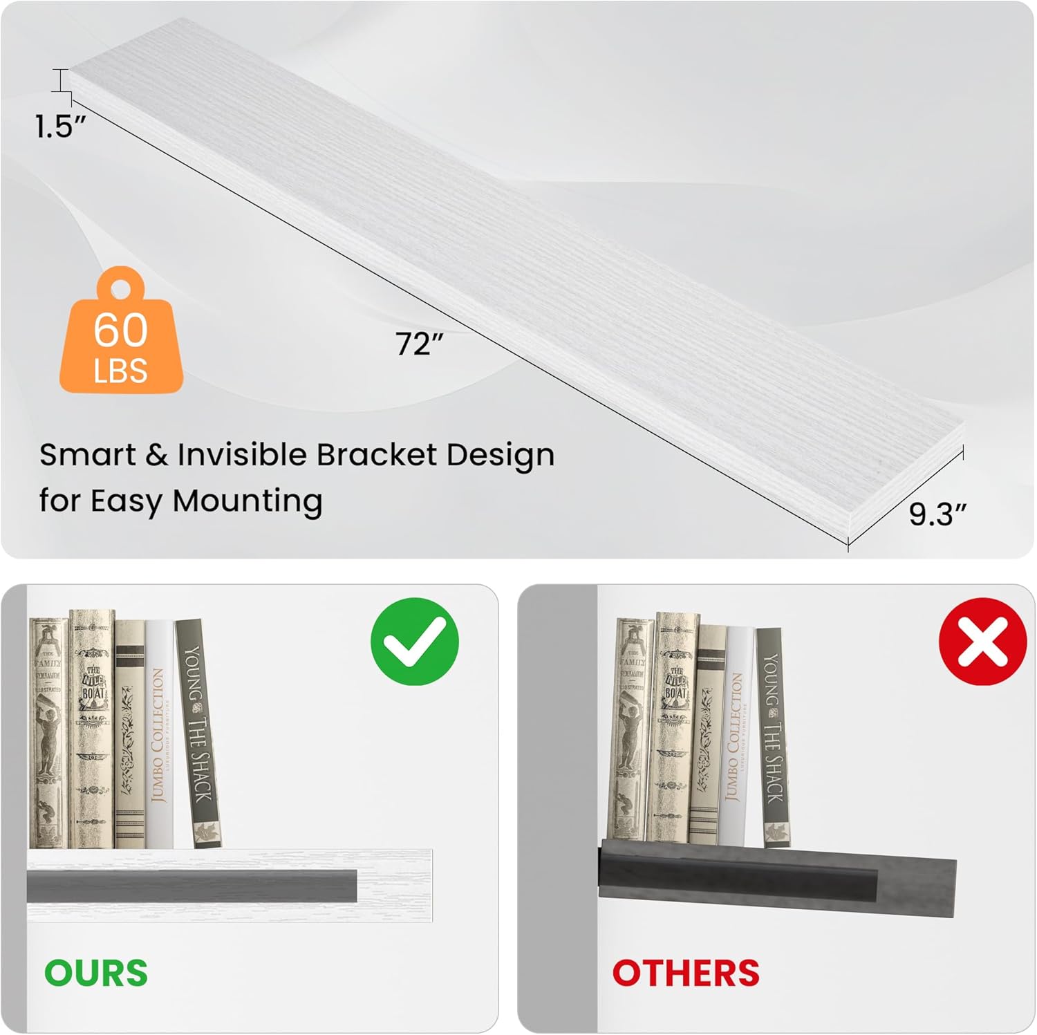 Floating Shelves for Wall, 72"W x 9.3"D x 1.5"H, Long Wooden Wall Mounted Display Shelves with