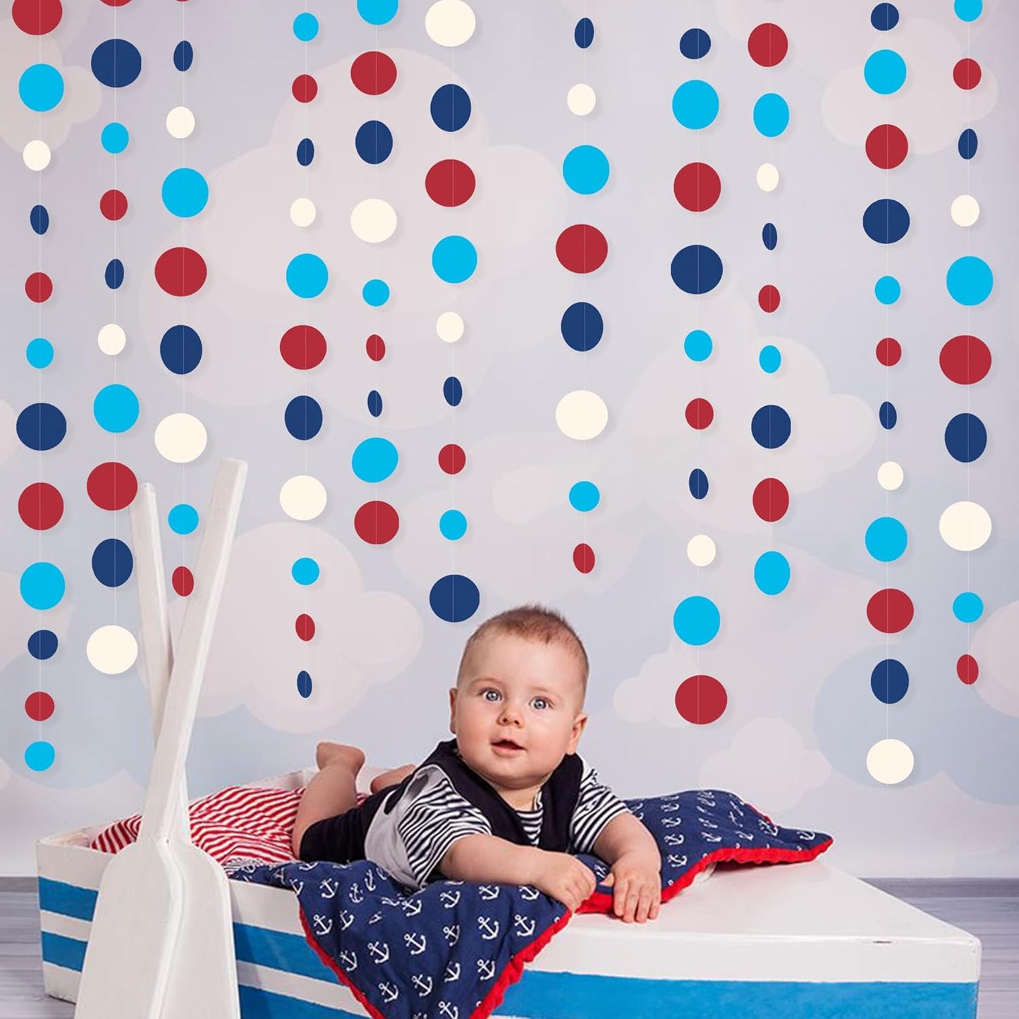 Nautical Party Decorations Circle Dot Garland Navy Blue Red White Hanging Paper Polka Dot Streamer